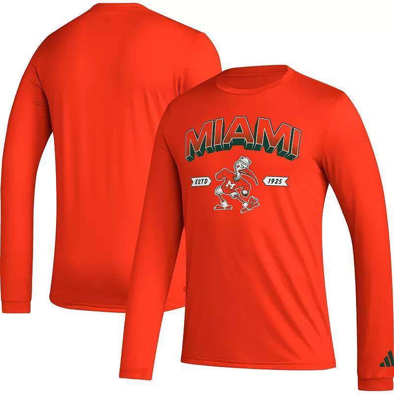 Mens adidas Miami Hurricanes Mighty Mascot Pregame Long Sleeve T-Shirt Product Image