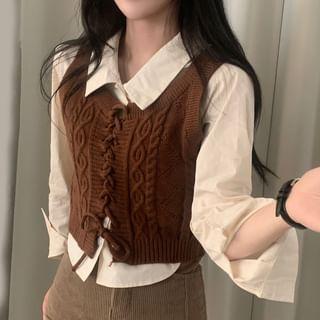 Plain Shirt / Lace-Up Cable-Knits Sweater Vest Product Image