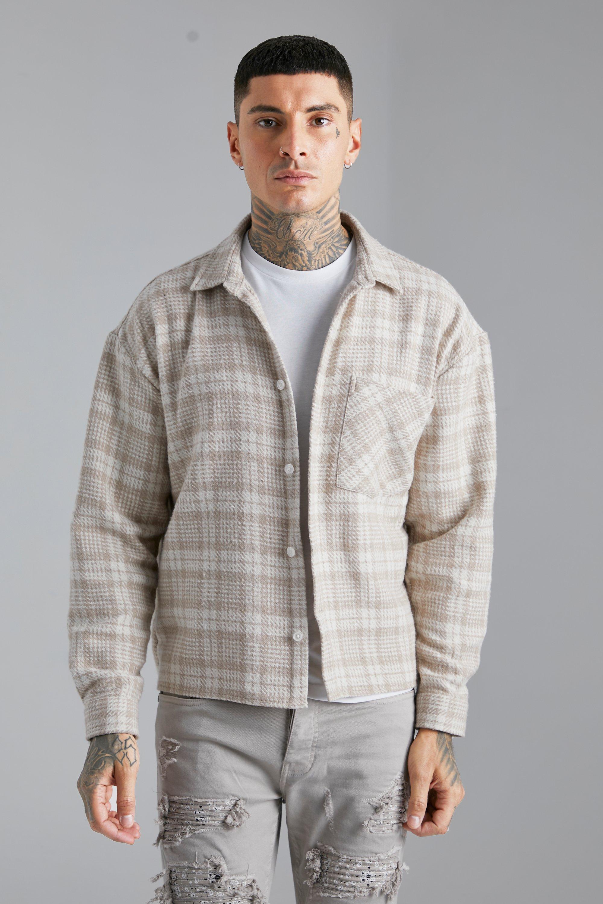 Mens Beige Boxy Check Shirt, Beige Product Image