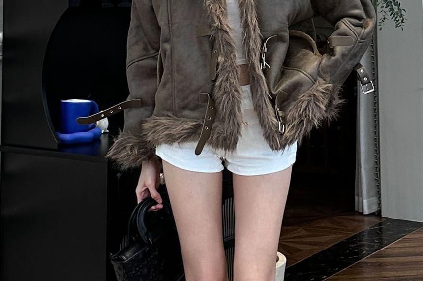 Stand Collar Fluffy Trim Buckled Aviator Jacket Product Image