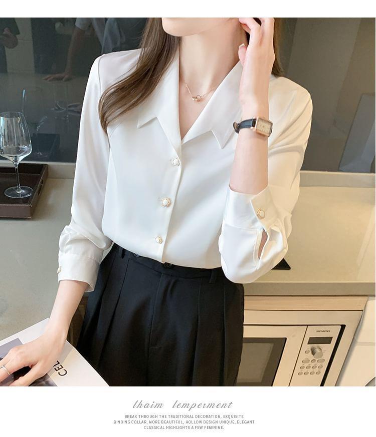 Long-Sleeve V-Neck Plain Shirt Product Image