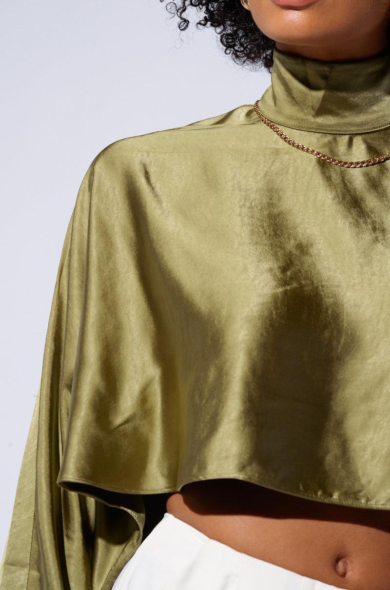 SATIN MOCK NECK BLOUSE IN OLIVE Product Image