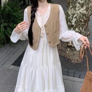 Long-Sleeve V-Neck Plain Lace Panel Tie Front Midi A-Line Dress / V-Neck Button-Up Crop Vest Product Image