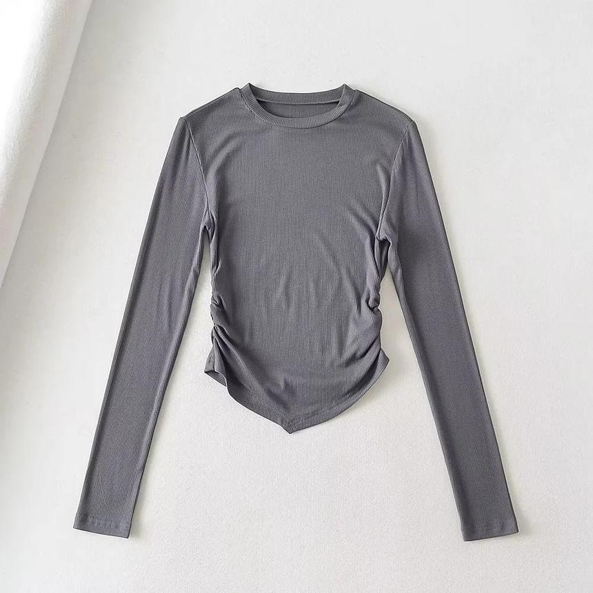 Long-Sleeve Crewneck Asymmetrical Plain Crop Top Product Image