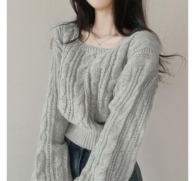 Square Neck Cable Knit Plain Crop Sweater Product Image