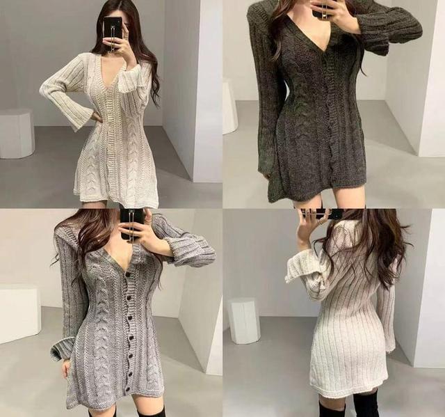 Long-Sleeve V-Neck Cable Knit Button Front Mini Sheath Knit Dress Product Image