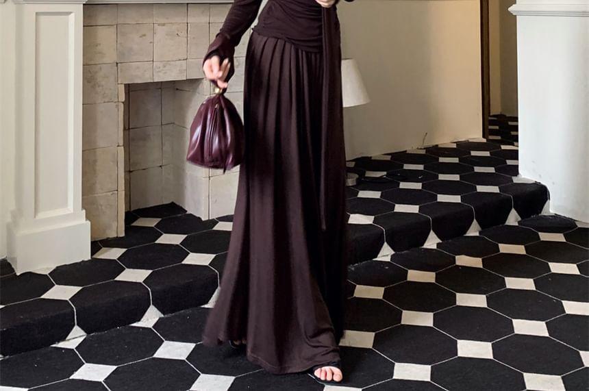 Long-Sleeve Off Shoulder Plain Knit Top / Mid Waist Plain Maxi A-Line Skirt Product Image