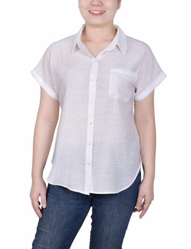 Short Sleeve Woven Front/Jersey Back Blouse - Petite Product Image