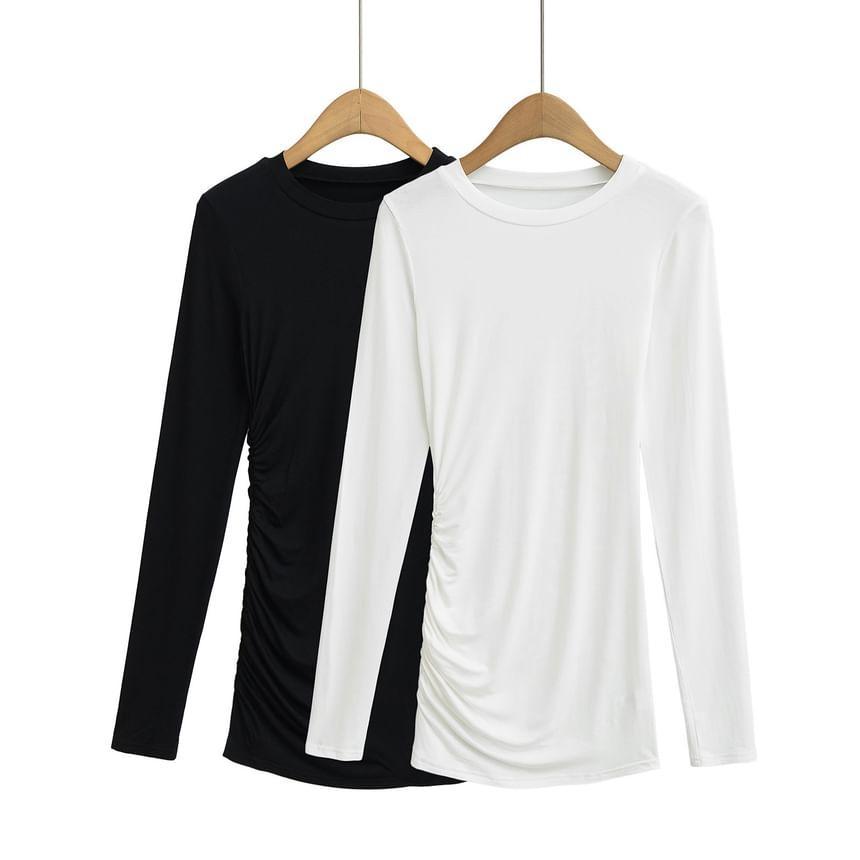 Long-Sleeve Crewneck Plain Mini Dress Product Image