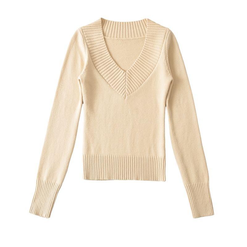 V-Neck Plain Ribbed Crop Sweater Product Image