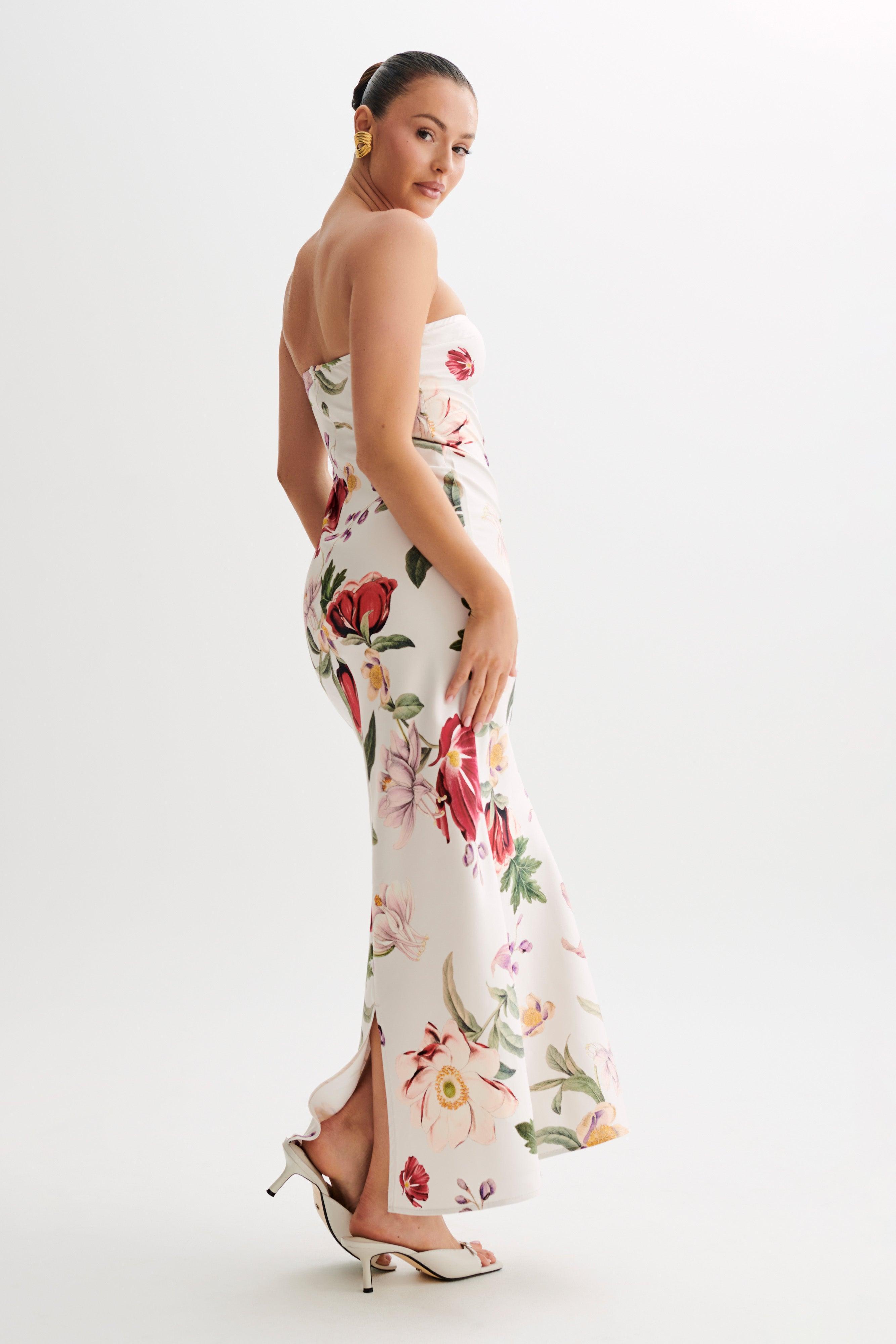 Claudette Strapless Satin Maxi Dress - Bella Rosa Print Product Image