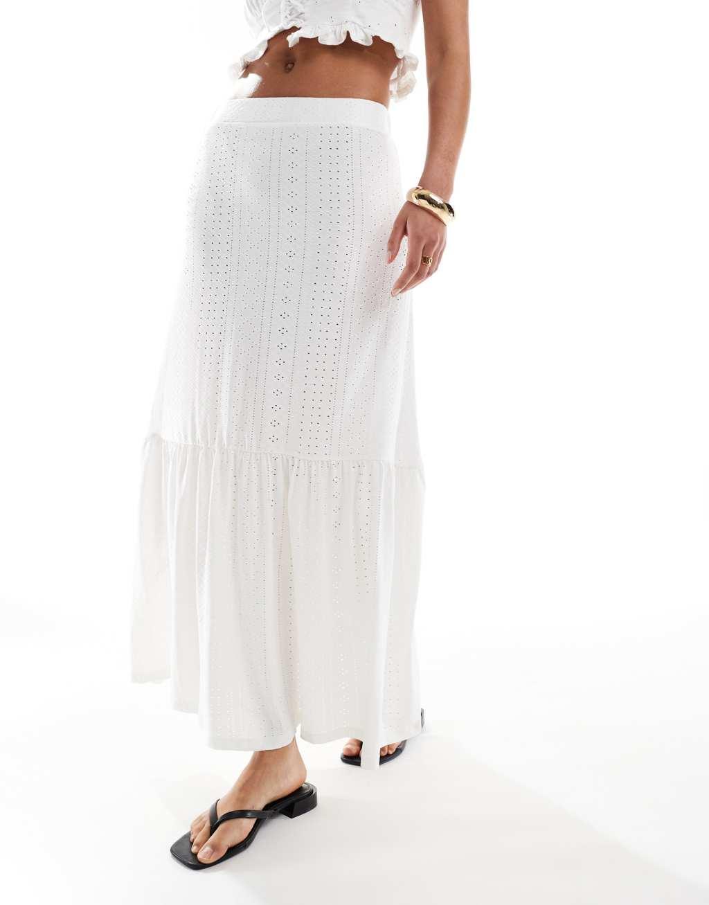 JDY Tall tiered pointelle maxi skirt in off white Product Image