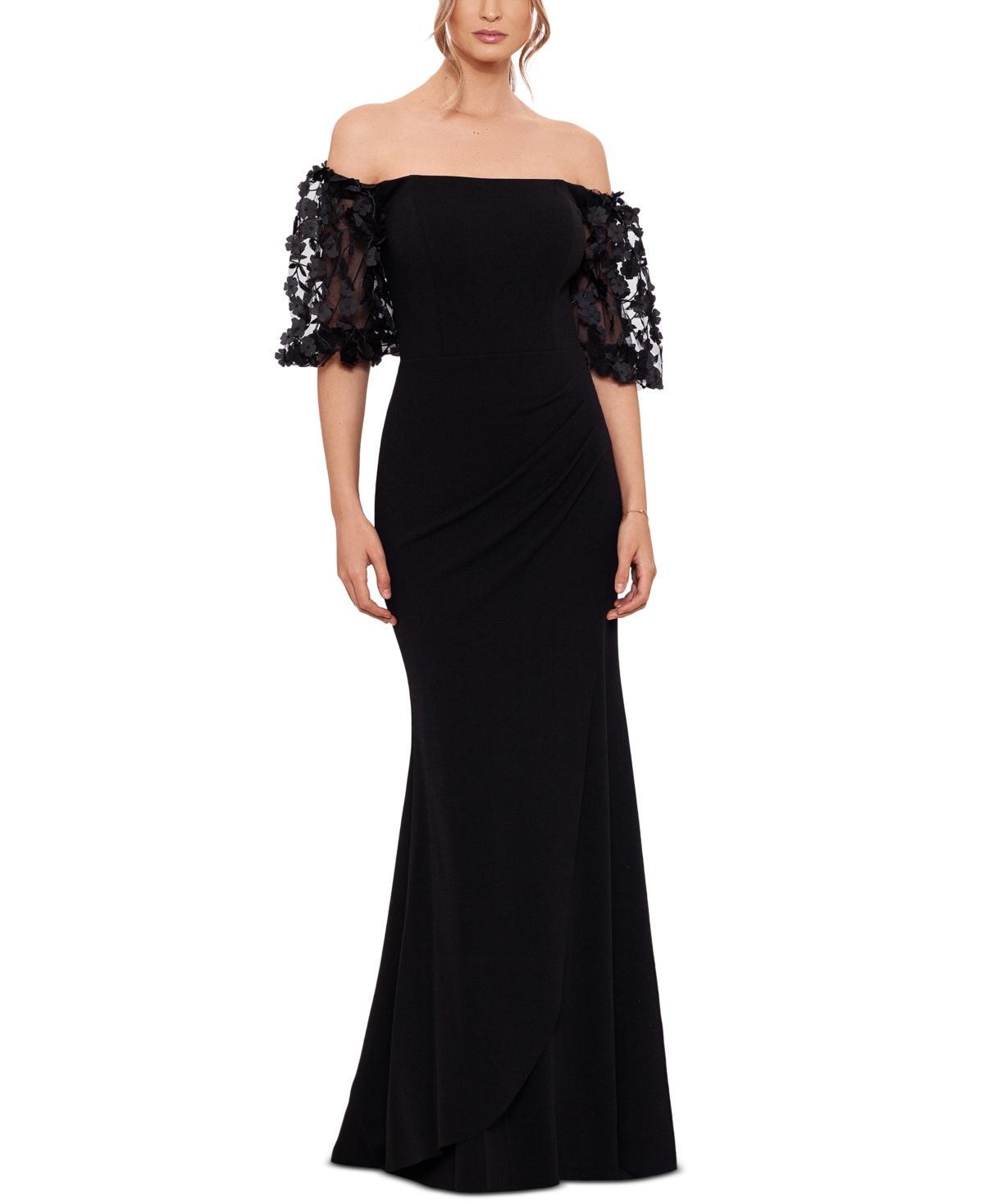 Xscape 3D Flower Applique Off-the-Shoulder Short Puffed Sleeve Scuba Crepe Sheath Gown Product Image