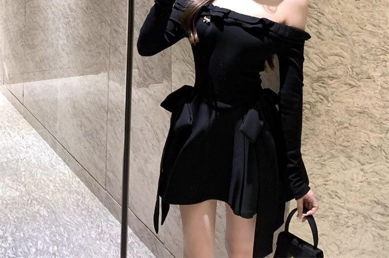 Long-Sleeve Off-Shoulder Plain Ruffle Bow Mini A-Line Dress Product Image