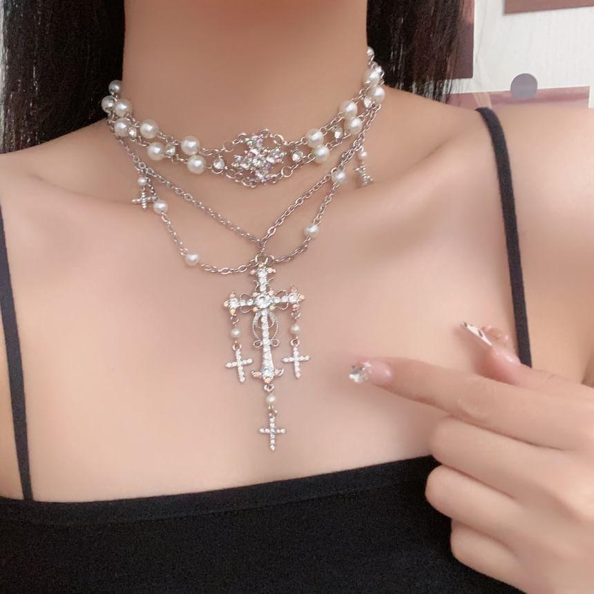 Rhinestone Cross Faux Pearl Layered Necklace Product Image