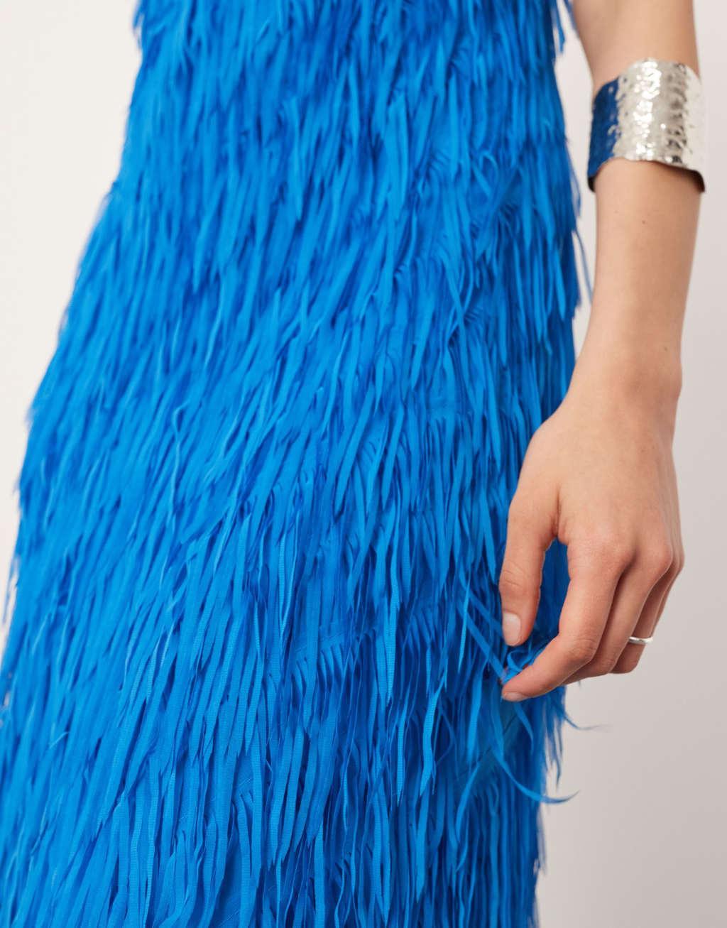 ASOS EDITION textured fringe cami maxi dress with low back in blue Product Image