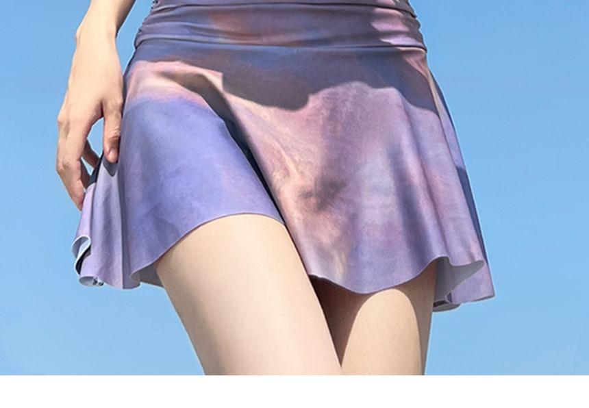 Set: Long-Sleeve Tie Dye Swim Top + Swim Skirt + Bikini Top Product Image