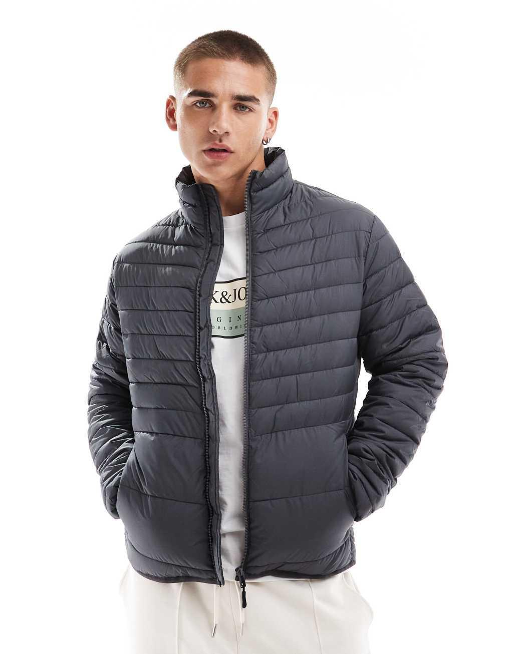 Jack & Jones packable padded jacket with stand collar in dark gray Product Image