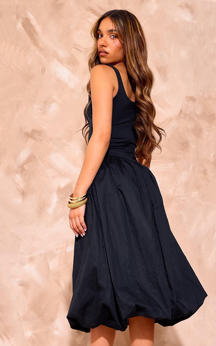 Black Scoop Neck Puffball Midi Dress Product Image