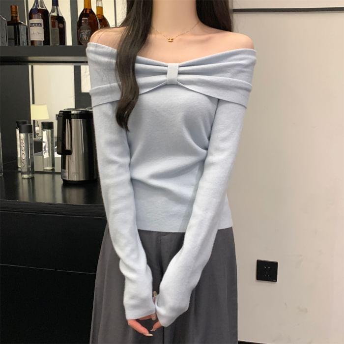 Off-The-Shoulder Long Sleeve Plain Ribbed Knitted Top Product Image