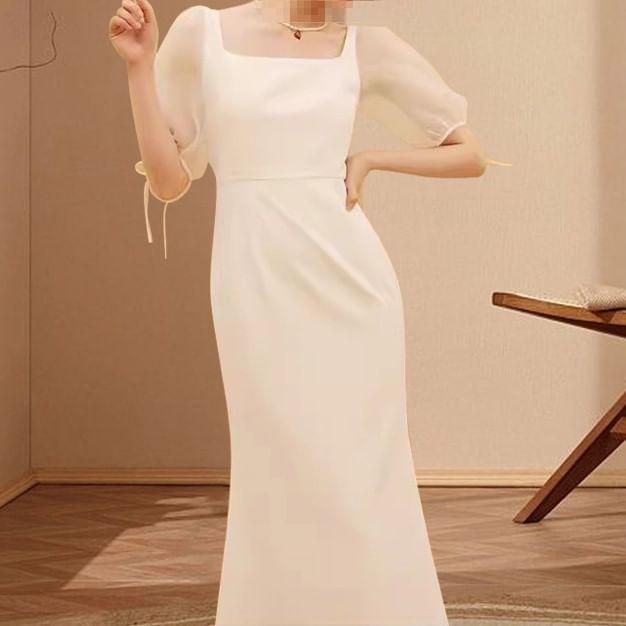 Short-Sleeve Square Neck Plain Maxi Sheath Wedding Dress Product Image