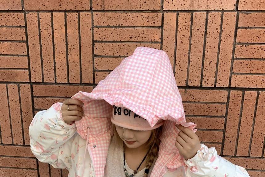 Cartoon Print Plaid Panel Hooded Padded Zip Jacket Product Image