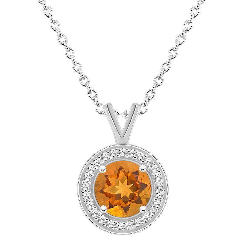 Celebration Gems Sterling Silver Round Gemstone & 1/8 Carat T.W. Diamond Halo Pendant Necklace, Womens Orange Product Image