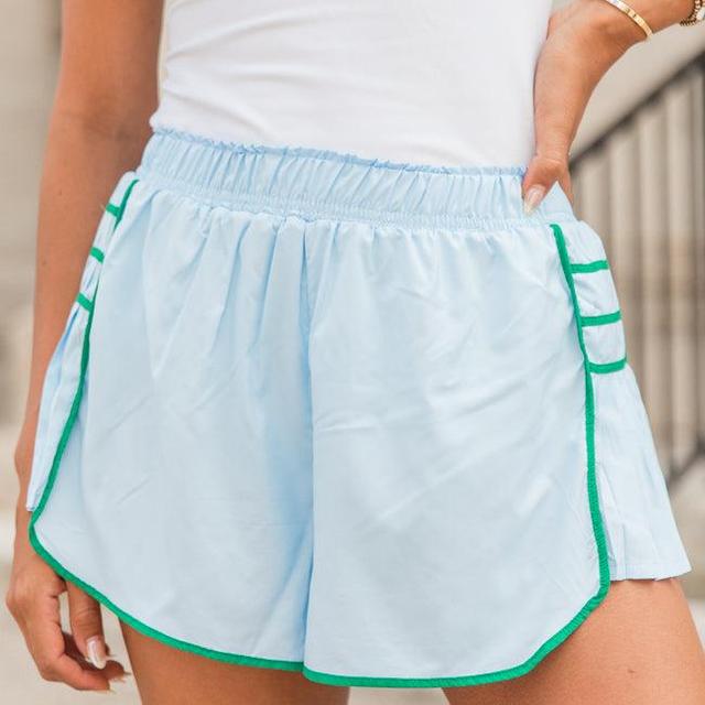 Double Or Nothing Blue And Green Pleated Active Shorts Product Image