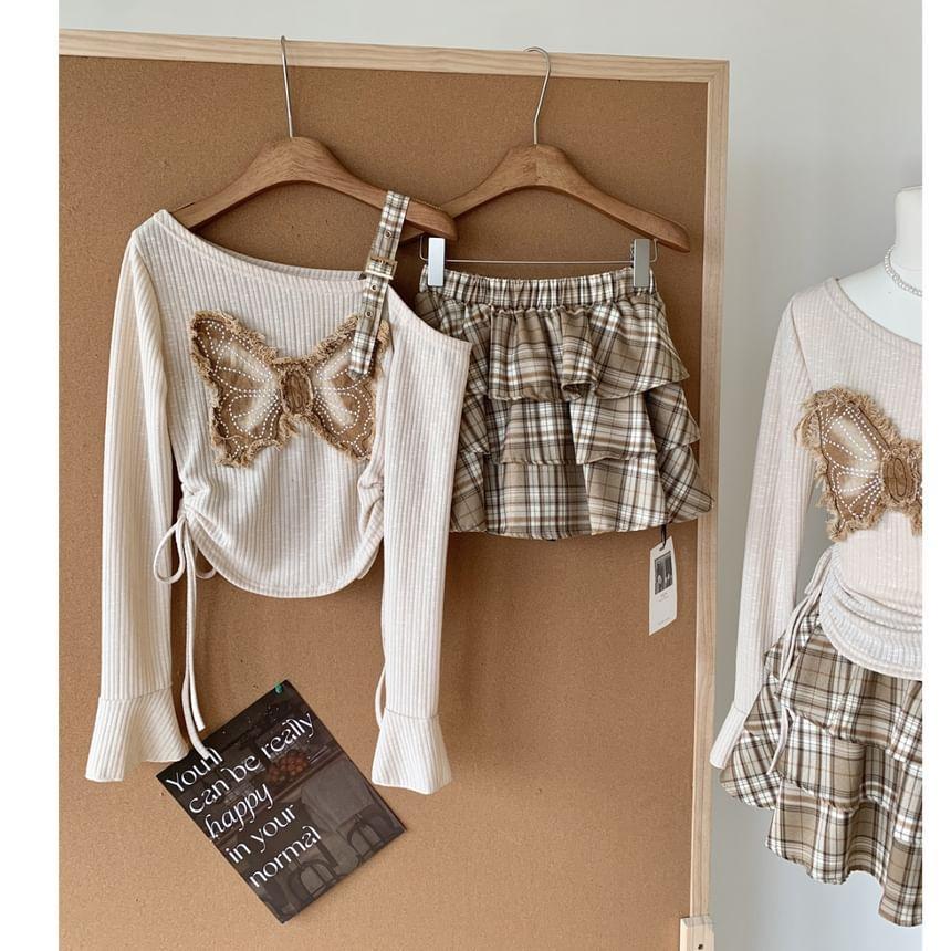 Set: Long-Sleeve Butterfly Accent Asymmetrical Top + Plaid Mini Tiered Skirt Product Image