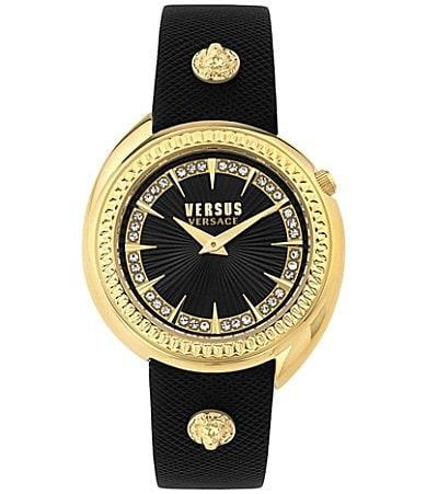 Versus Versace Womens Tortona Crystal 2 Hand Quartz Black Genuine Leather Watch, 38mm Product Image