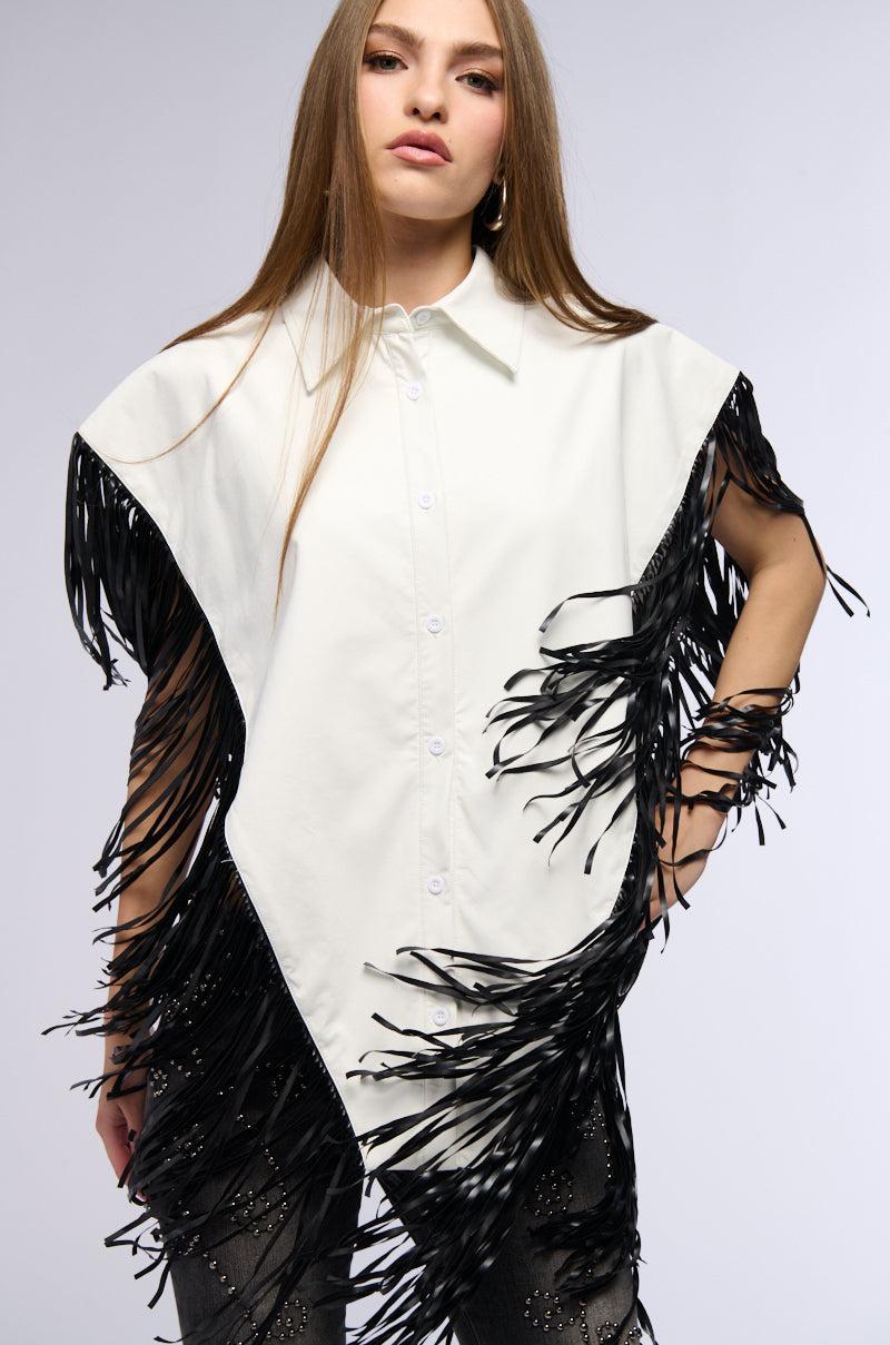 FLY HIGH FAUX LEATHER TOP WITH FRINGE Product Image