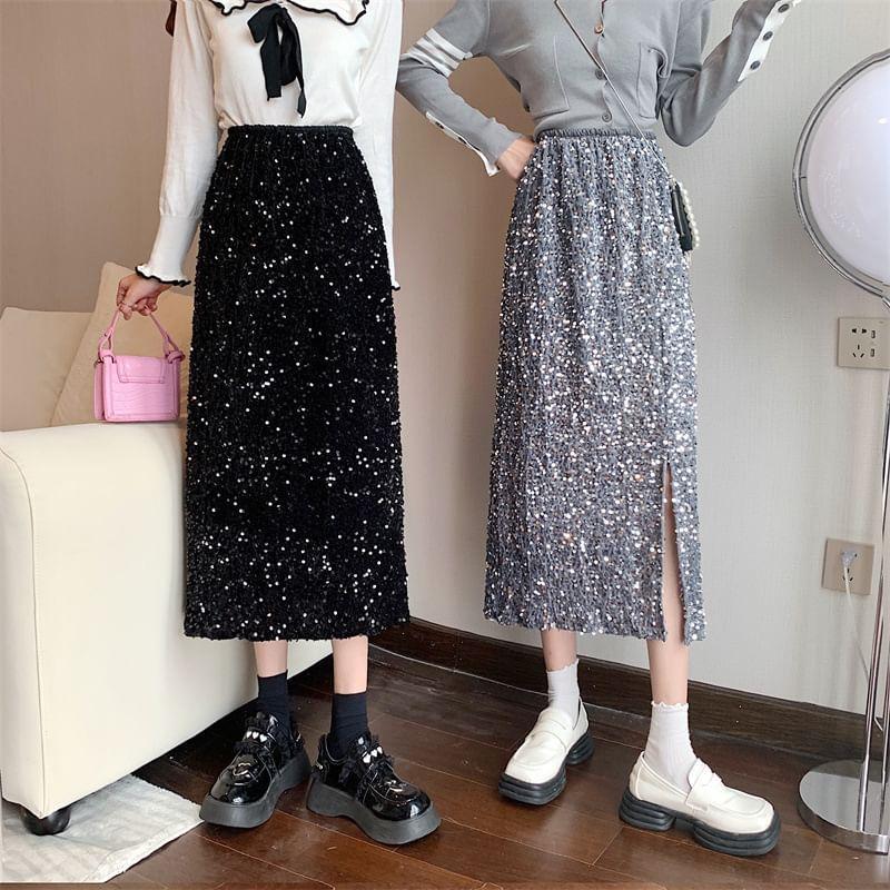 High Waist Sequin Side-Slit Midi Pencil Skirt Product Image