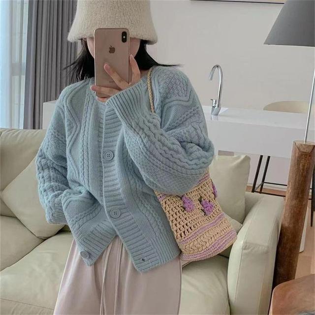 Round Neck Plain Cable-Knit Cardigan Product Image