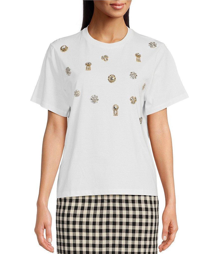 Tara Jarmon Tara Sunkey Organic Cotton Crystal Embellished Crew Neck Short Sleeve Tee Shirt Product Image