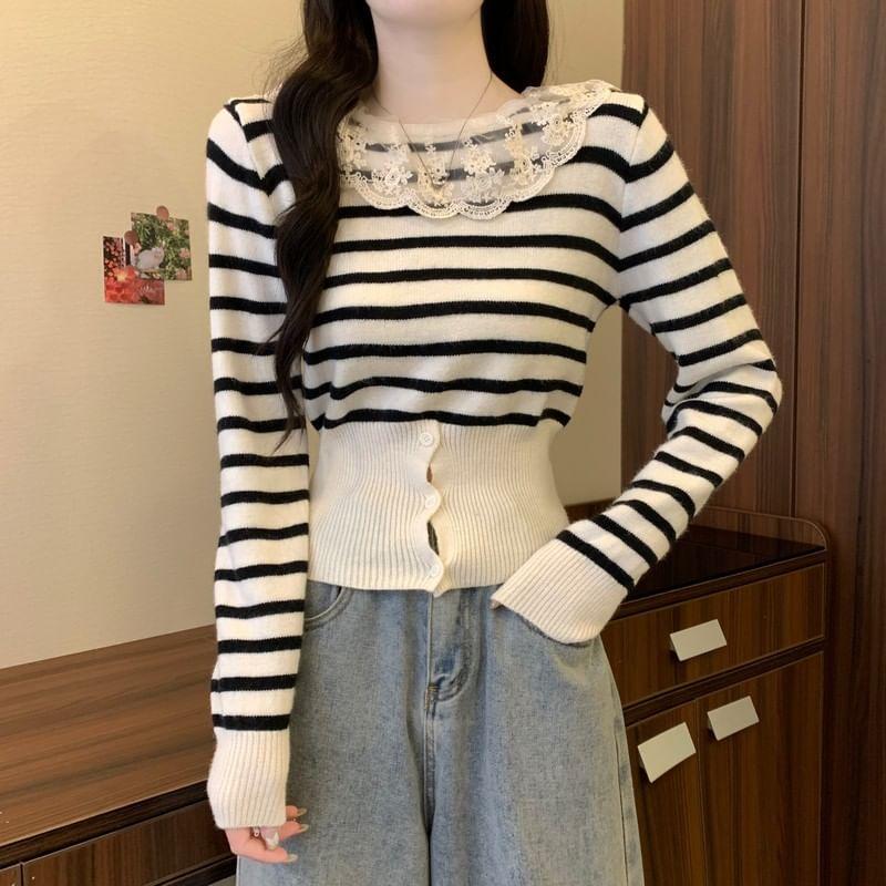 Long-Sleeve Lace Panel Button Hem Knit Top Product Image