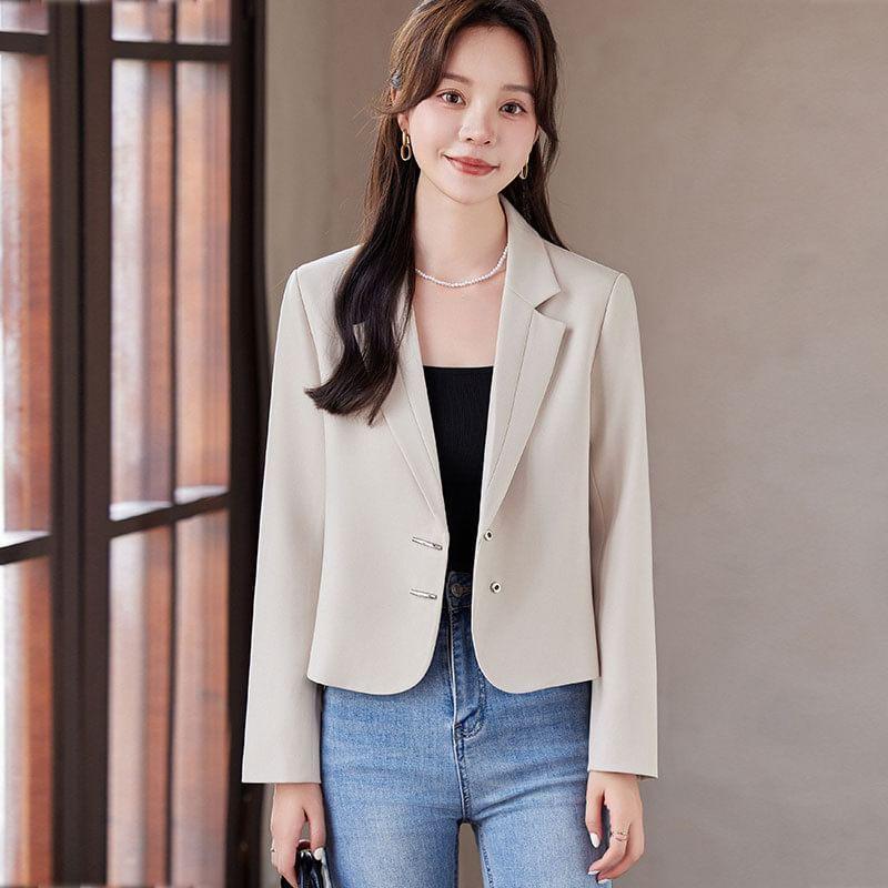 Lapel Neck Plain Cropped Button Blazer Product Image