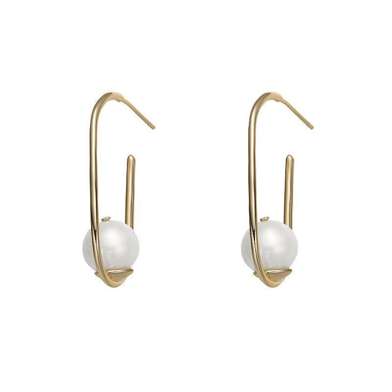 14k Gold Sterling Silver Freshwater Cultured Pearl Elongated Hoop Earrings, Womens, Gold Tone Product Image