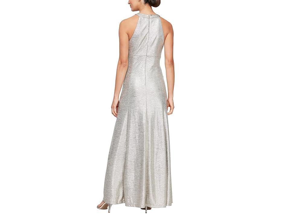 Alex Evenings Metallic Knit Long Halter Neck Dress with Ruched Waist (Champagne) Women's Dress Product Image