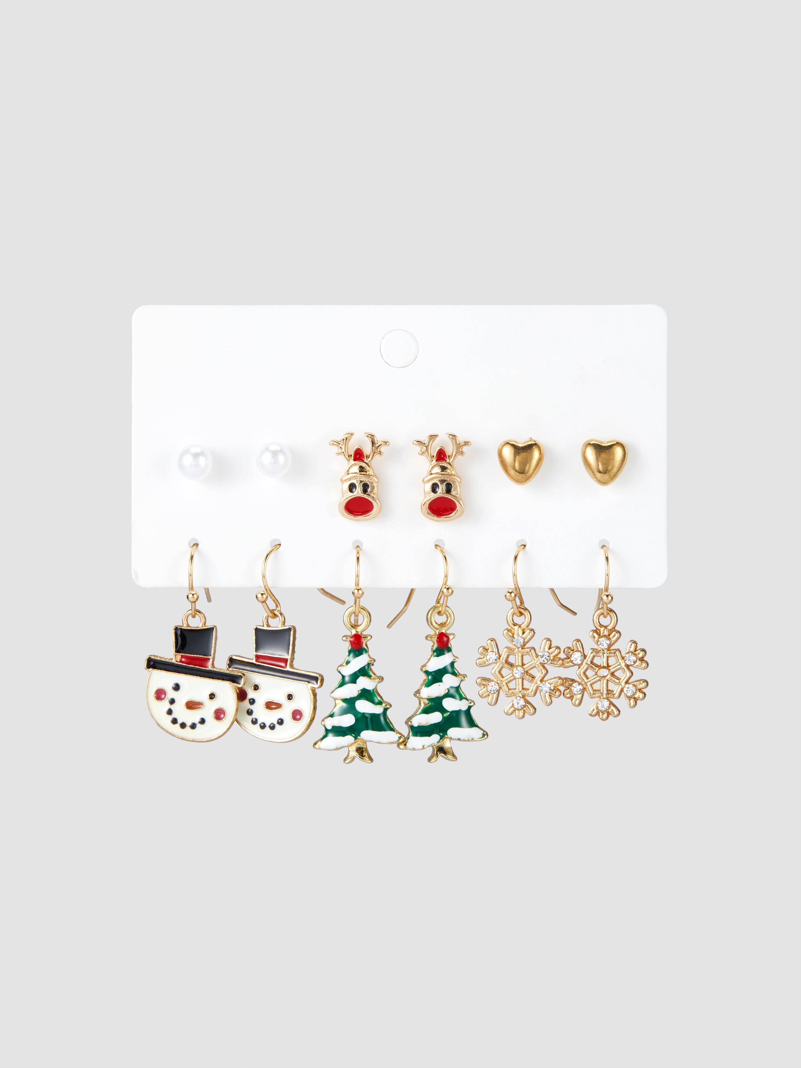 6 PAIRS FAUX PEARL & RHINESTONE DECOR CHRISTMAS EARRINGS SET Product Image