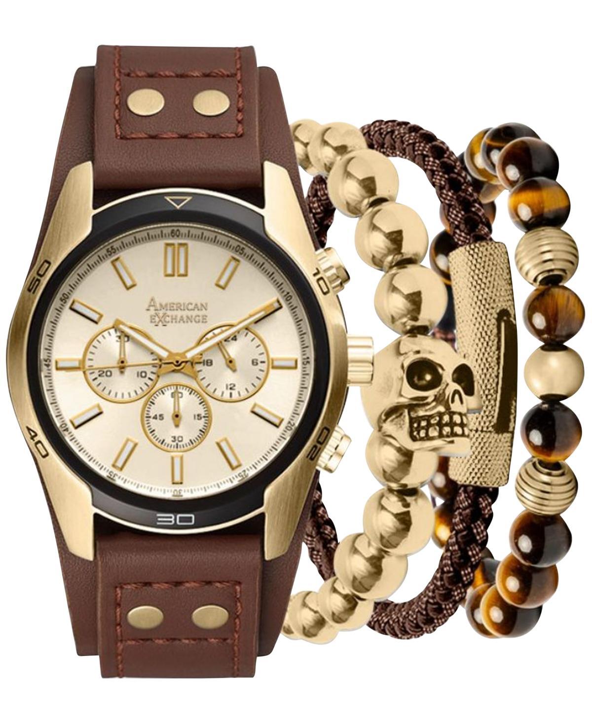 American Exchange Mens Brown Strap Watch 45mm Gift Set - Brown Product Image