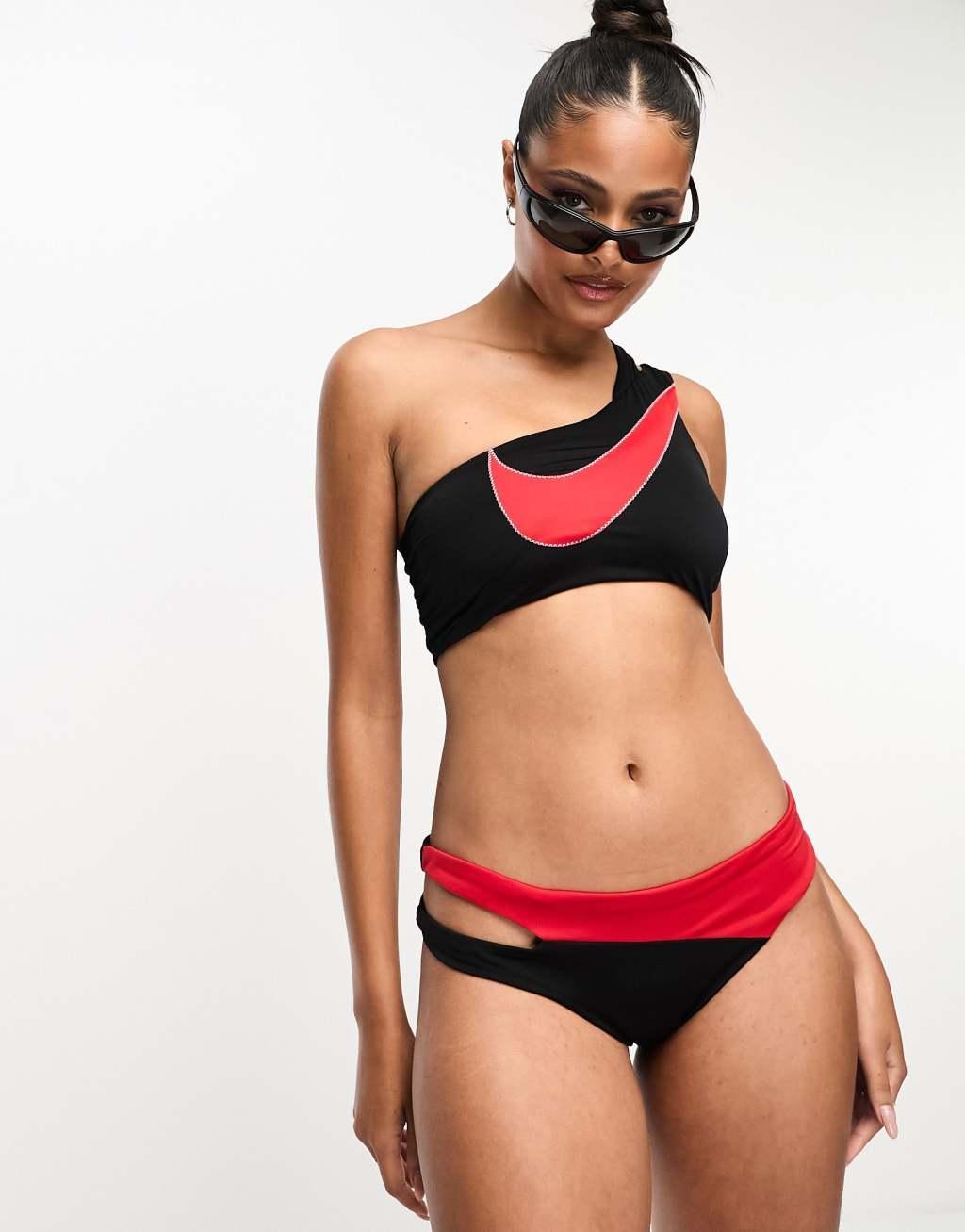 Nike Swimming Icon Sneakerkini asymmetrical bikini bottoms in black and red  Product Image