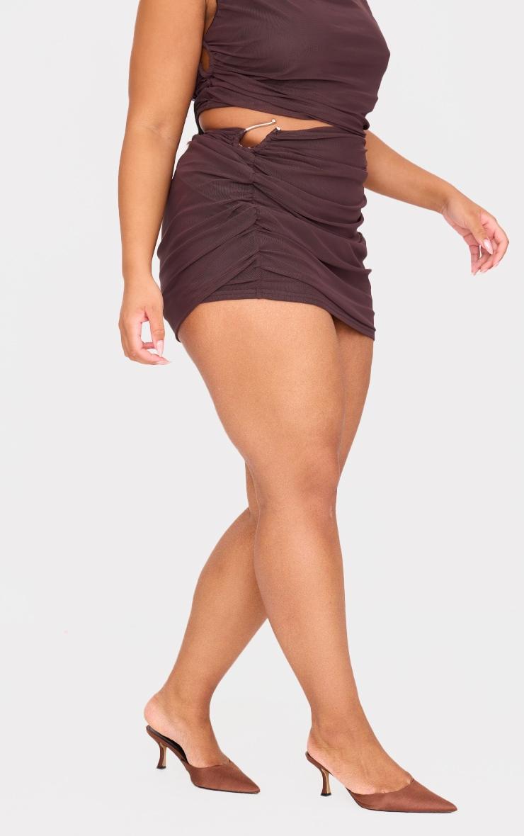 Plus Chocolate Mesh Trim Detail Ruched Mini Skirt Product Image