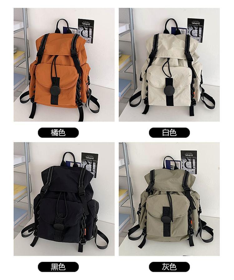 Plain Drawstring Buckled Nylon Flap Backpack Product Image