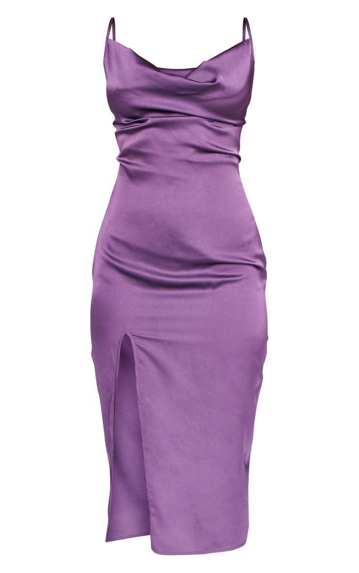 Dark Plum Strappy Satin Cowl Midi Dress Product Image