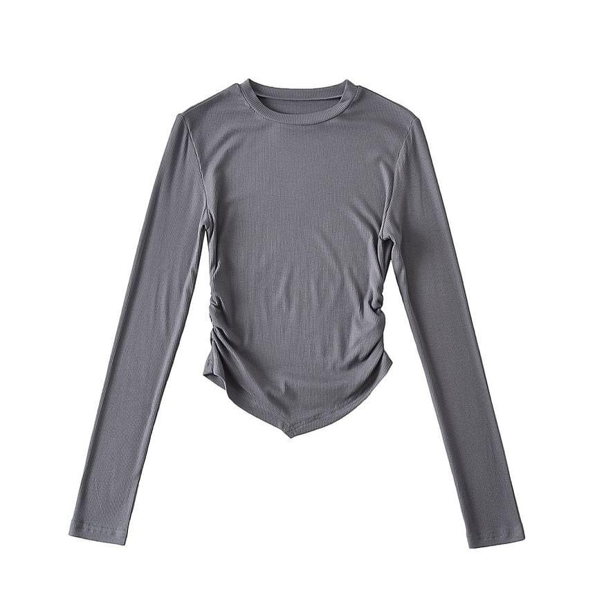 Long-Sleeve Crew Neck Plain Ruchhed Slim Fit Tee Product Image