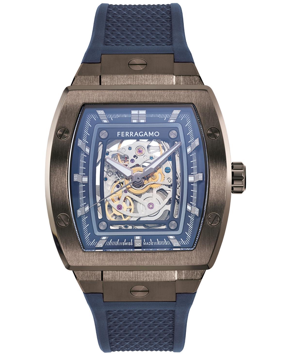 Salvatore Ferragamo Mens F-80 Tonneau Skeleton Quartz Chronograph Automatic Blue Silicone Strap Watch Product Image