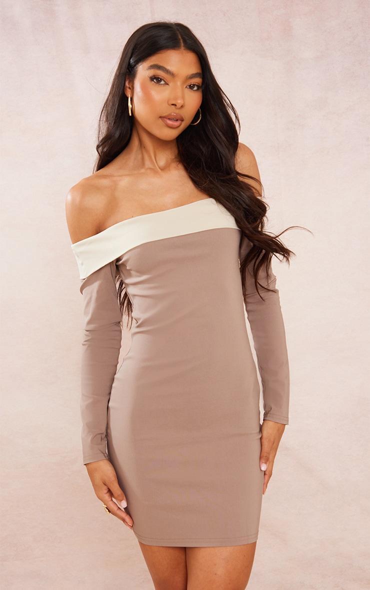 Tall Brown Fold Over Bardot Bodycon Dress Product Image