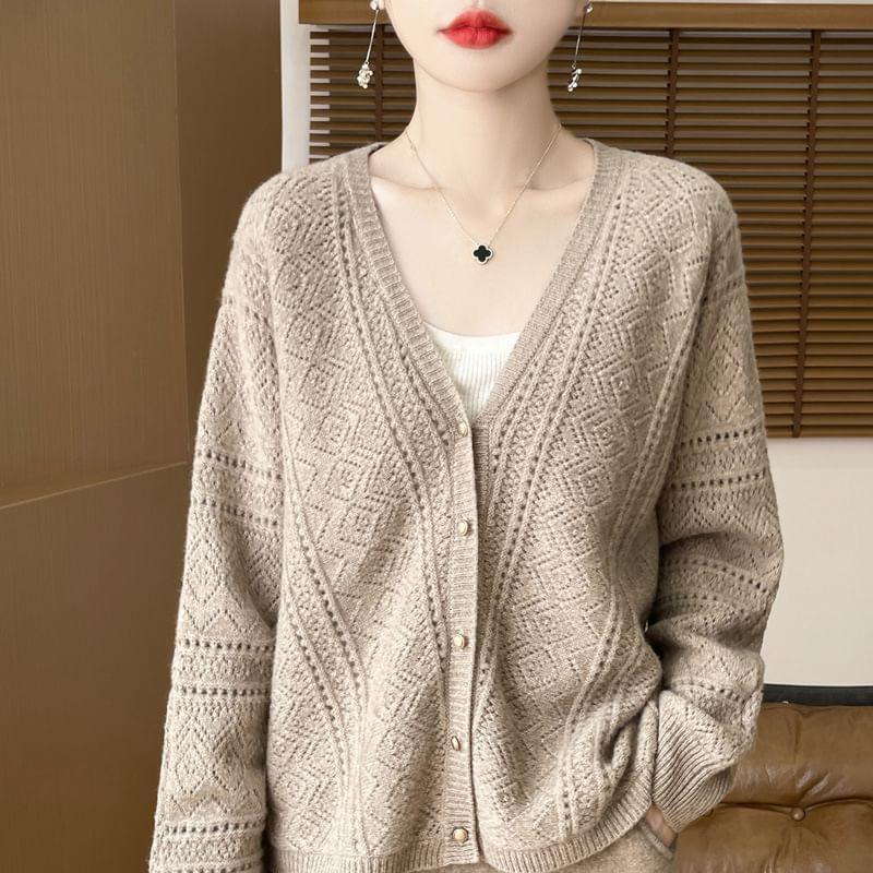 V-Neck Plain Pointelle Knitted Cardigan Product Image