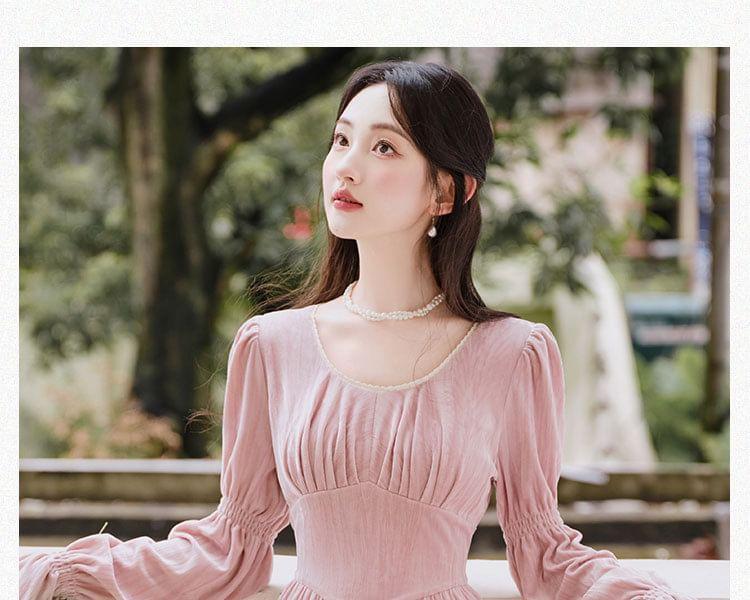 Long-Sleeve U-Neck Velvet Midi A-Line Dress Product Image