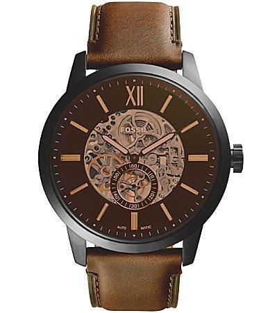 Fossil Mens Townsman Automatic Skeleton Dial Brown Leather Strap Watch Product Image